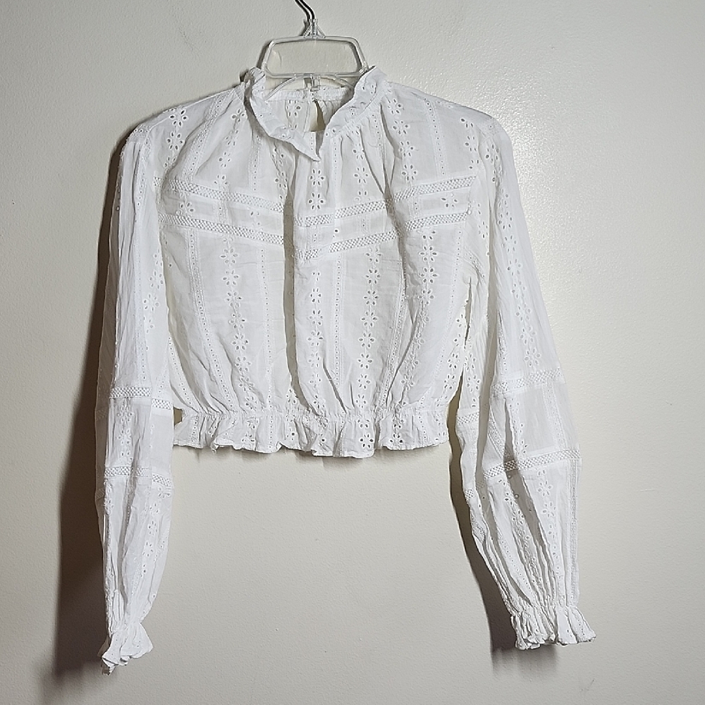 Lost In Lunar White Eyelet Long Sleeve Top Cropped Feminine Flirty Womens Small
